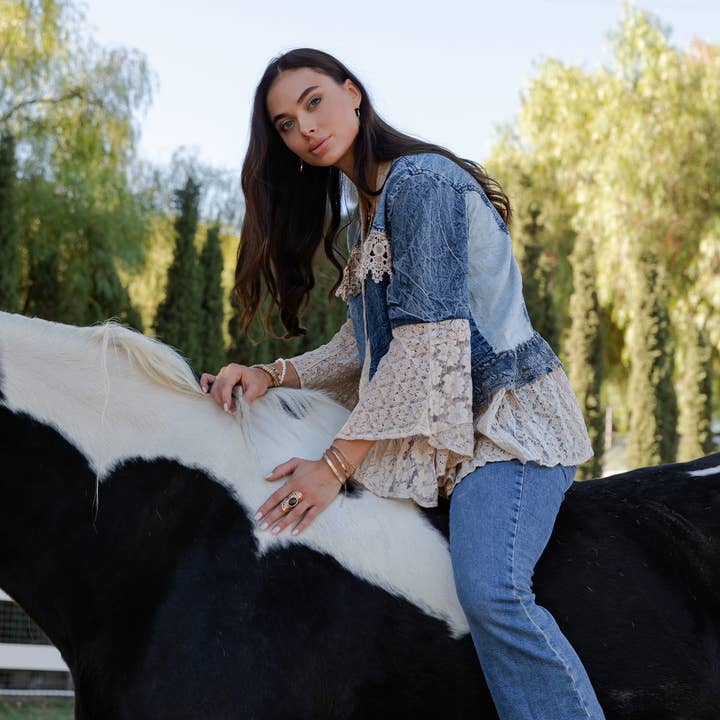 Young Threads - Wholesale Kimono - Women's - Western Boho Lace & Denim Patchwork Kimono Top NEW15