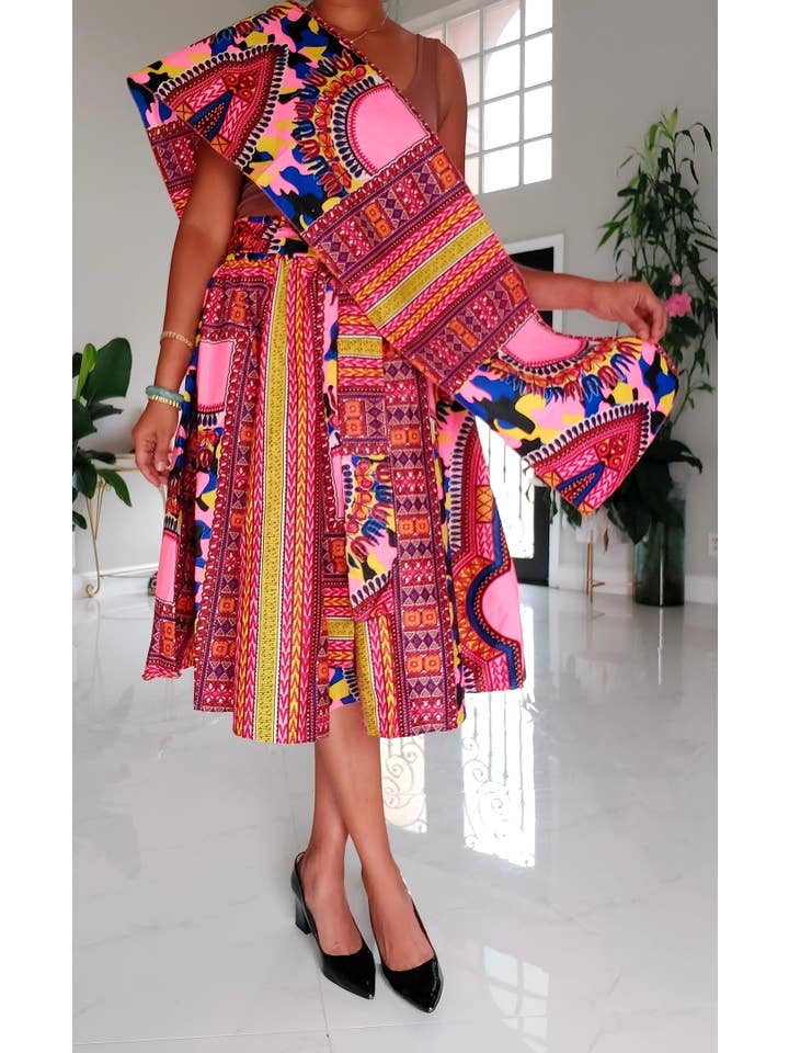 India Batik - Wholesale Skirt - Women's - 1090 Women Mid Length Dashiki Print Skirt- Pink