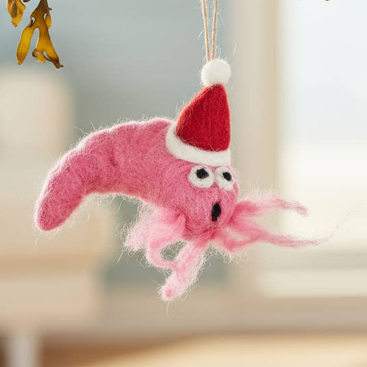Handmade Felt Festive Prawn Hanging Christmas Decoration for wholesale by Felt So Good