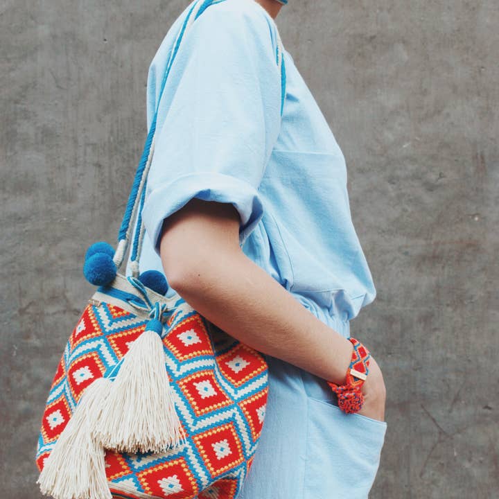 Hilo Sagrado - Vendita all'ingrosso Borsa tote - Donna - Borsa Tote Wayuu Blu/Arancione con Pompon1