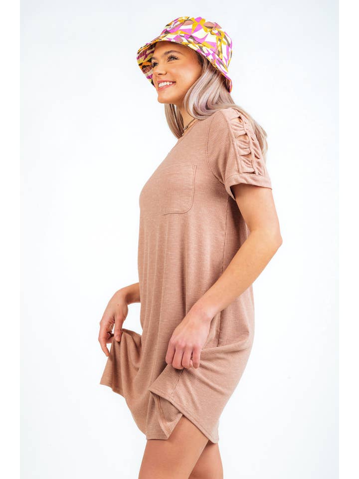 VERY J - Wholesale Dress - Women's - ND30836-Ruched Cutout Sleeve Tee Dress1