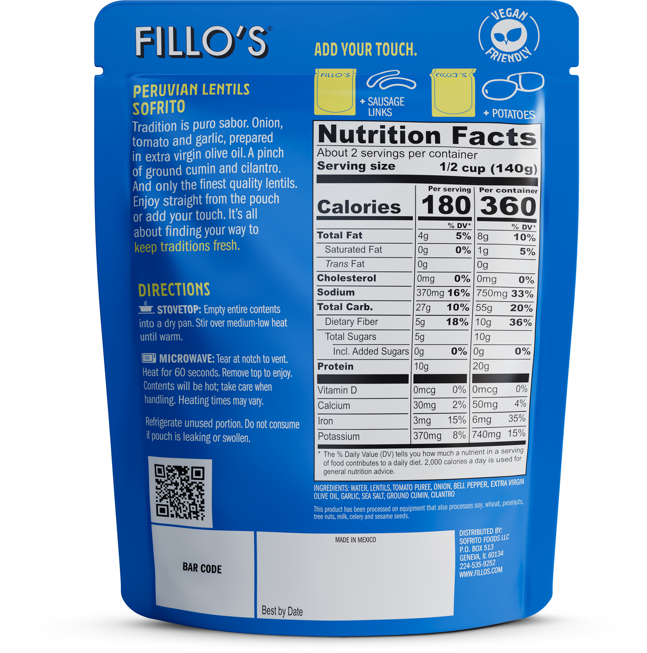 FILLO'S - Wholesale Shelf Stable Prepared Meal - FILLO'S Peruvian Lentils, Ready-to-Eat, 6 Pouches/Case1