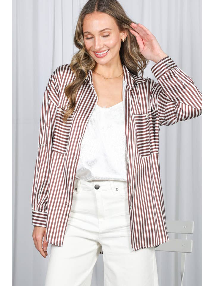 Vine & Love - Wholesale Button Down Shirt - Women's - Collar Neckline Pocket Detail Striped Satin Shirt VT813146