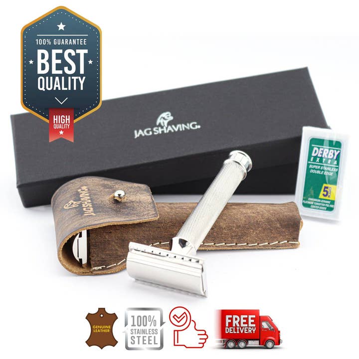 Jag Shaving - Wholesale Scheermes - Premium veiligheidsscheermes met dubbele rand - leren etui4