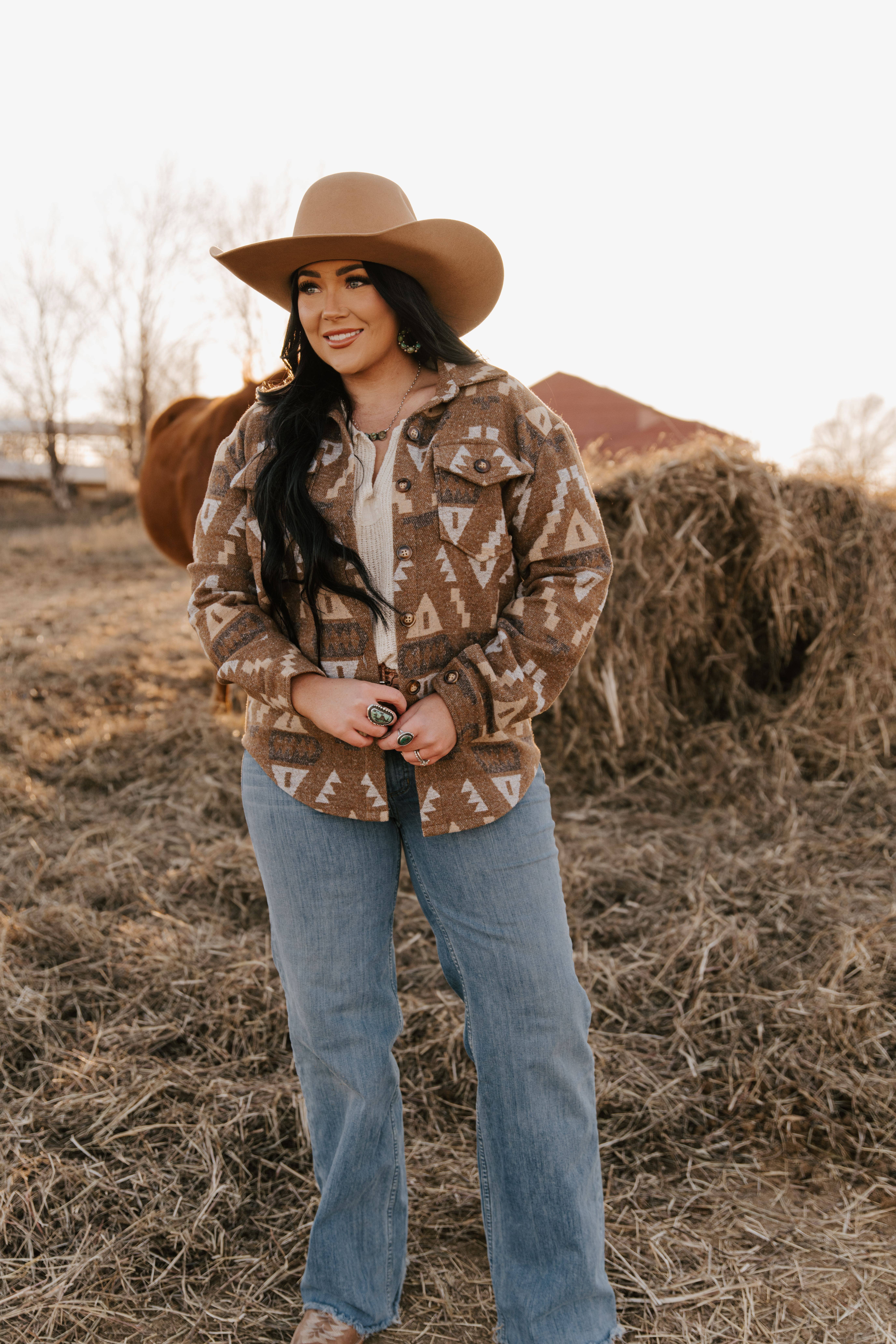 AZTEC BRUN Dame Aztec Skjortejakke med Vestlige Flap Brystlommer for engroshandel på Faire0