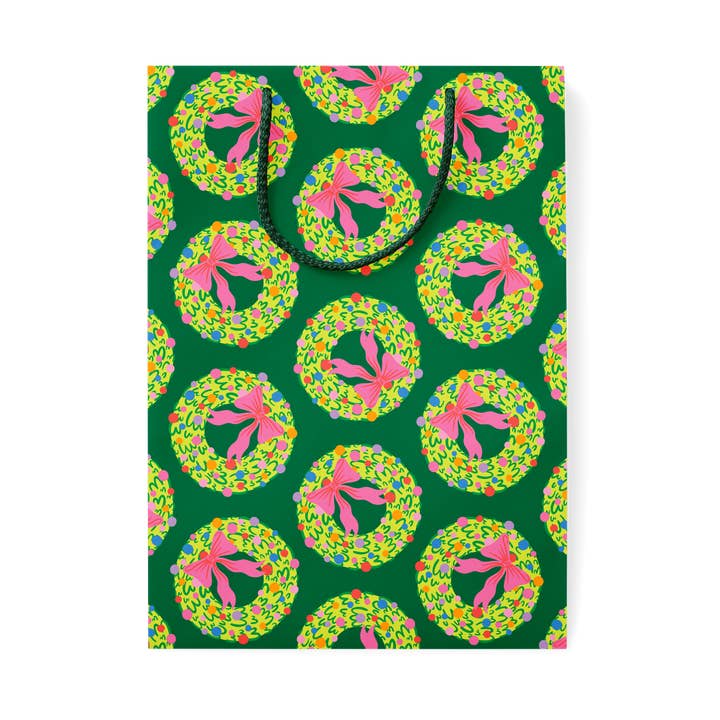 *NEW* Rainbow Wreath Gift Bag - Colorful Christmas Gift Bag with Pink Bows for wholesale by KANDS.CO