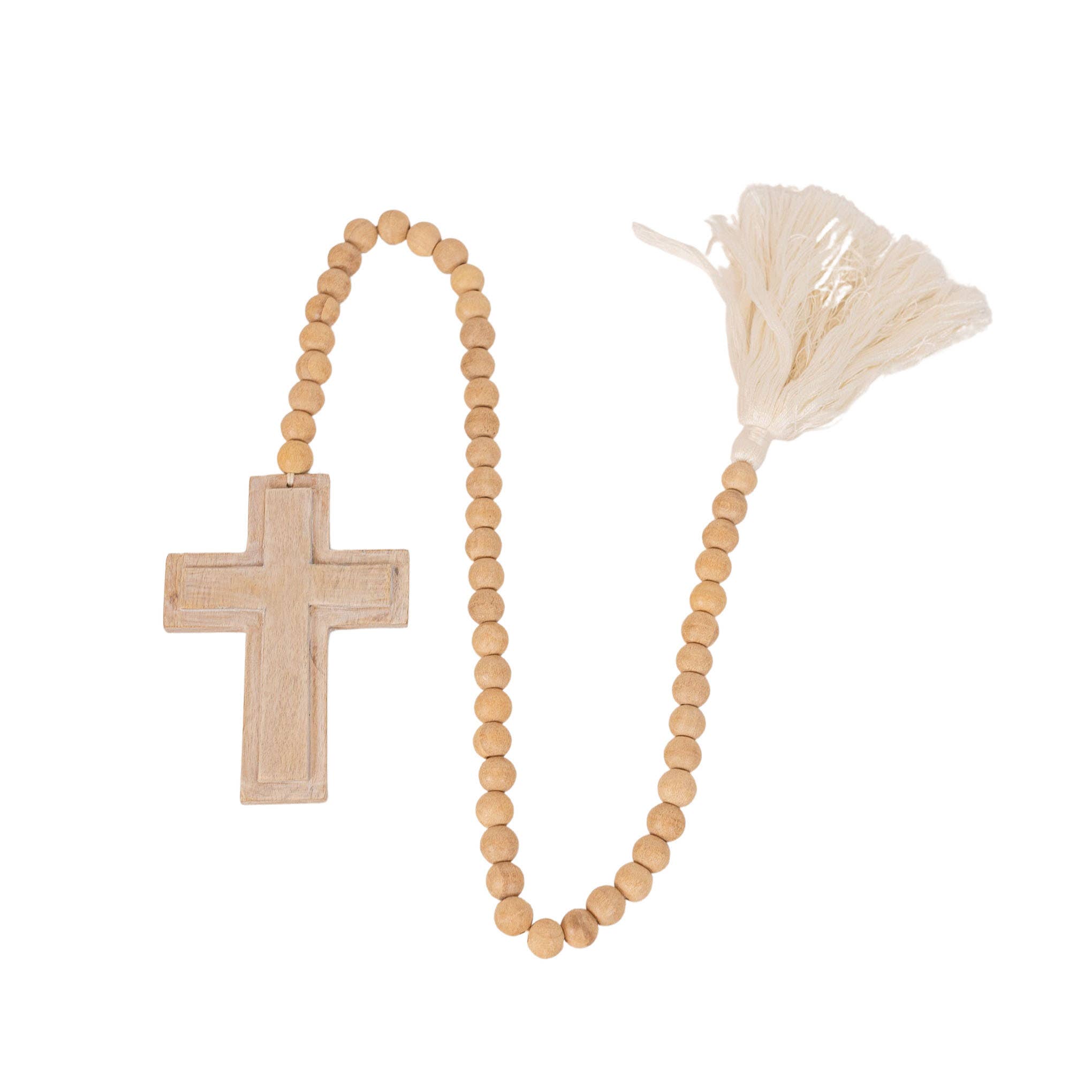 Foreside Home & Garden - Wholesale Decorative Tabletop Object - Kacy Easter Cross Natural Wood Bead Garland Cotton Tassel1