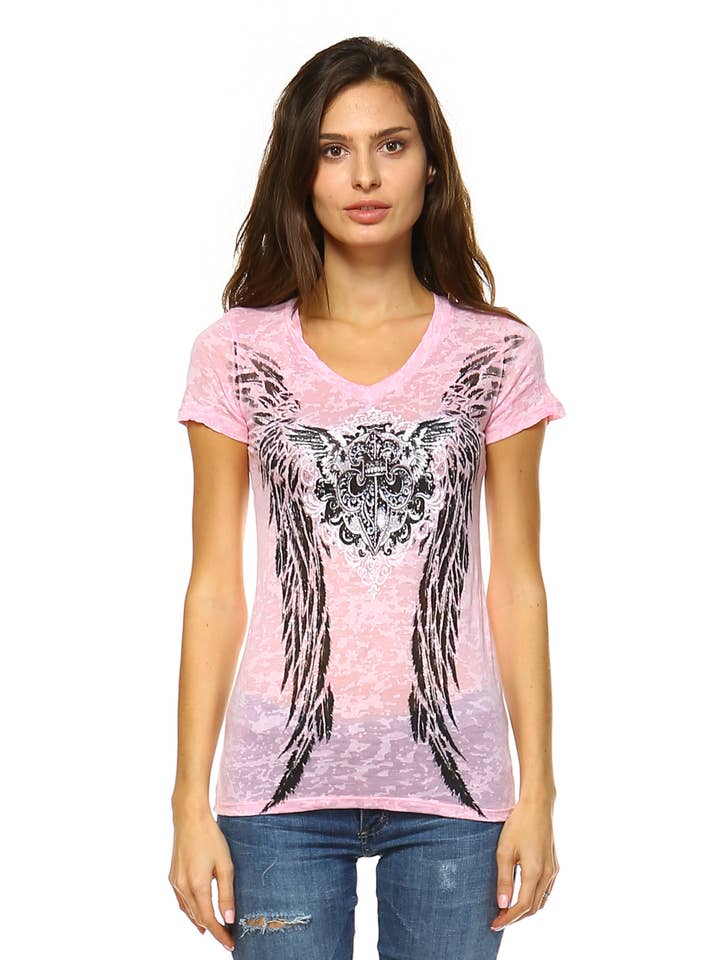 V neck Short sleeve Burnout Fleur de lis Angel wing tee for wholesale by Urban X Apparel