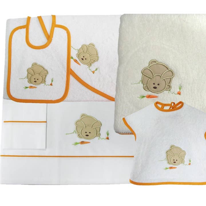 BABY SET embroidered LAPINOU orange (set of 5) for wholesale by Les Bebes d'Elysea