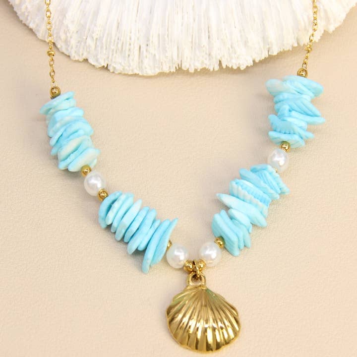 Golden Shell & Blue Mother-of-Pearl Necklace – Trendy Summer Jewelry for wholesale on Faire0