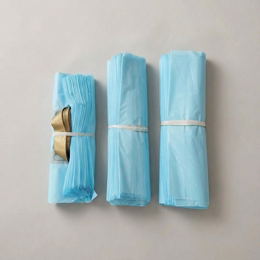 ByHome – Engroshandel Gavepose – 50 stk., 3 størrelser lyseblå PVC-gavepose med guldfarvet hank4