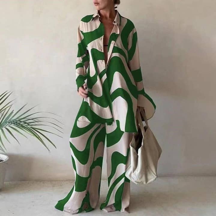 FurDecoration - Wholesale Top & Pant Set (NOT Loungewear) - Women's - Printed Loose Fit Long Sleeve Shirt And Straight Leg Pants