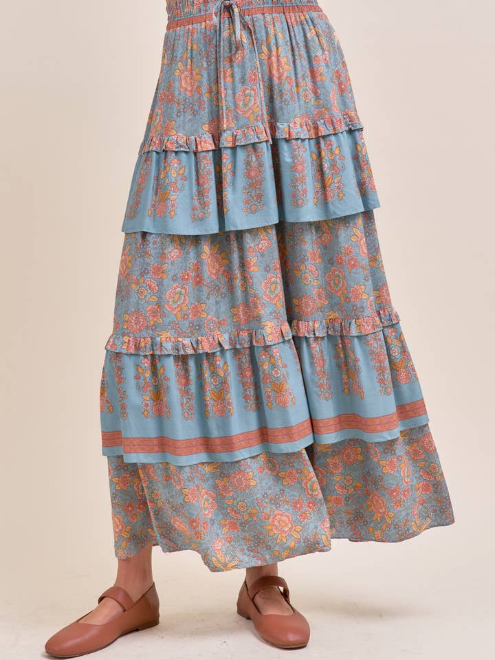 &MERCI - Wholesale Skirt - Women's - RUFFLE TIERED BORDER PRINT MIDI SKIRT MSK416610