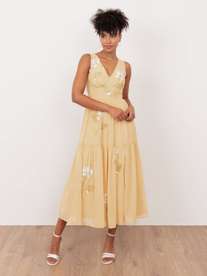 Maya Buttercream Floral Embellished V Neck Midaxi Dress with Split for wholesale by Plaza Collection Ltd