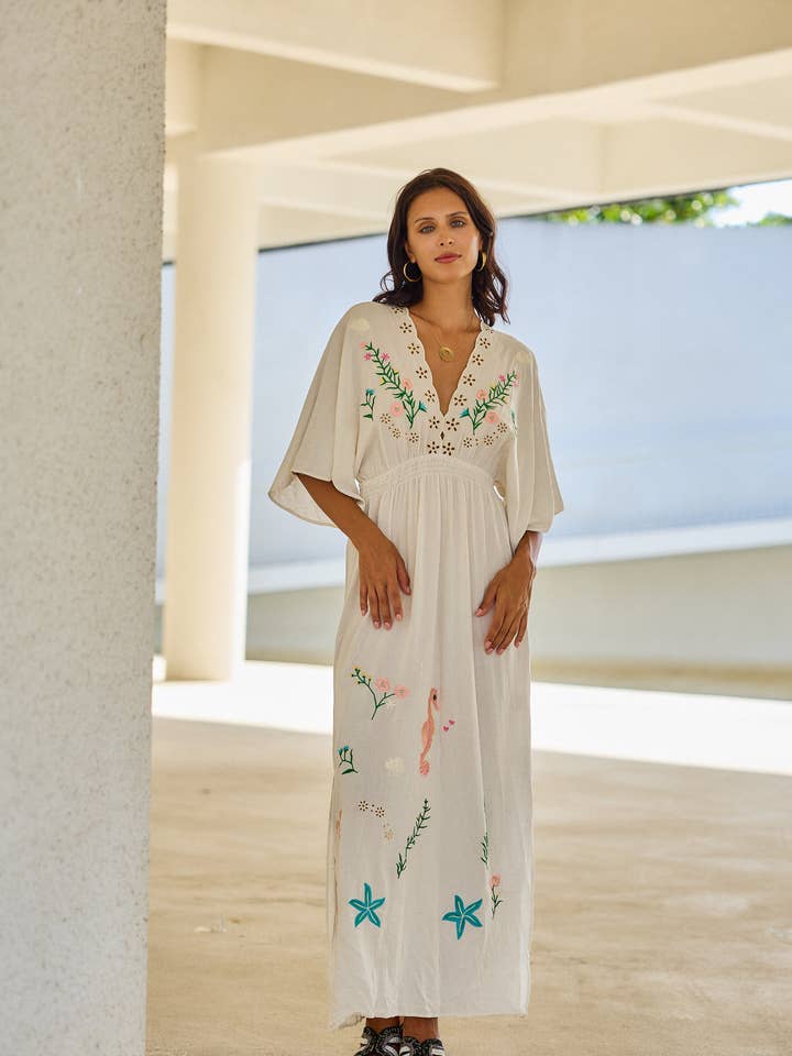 Maxi long dress with floral embroidery, V-neckline in front for wholesale by last queen