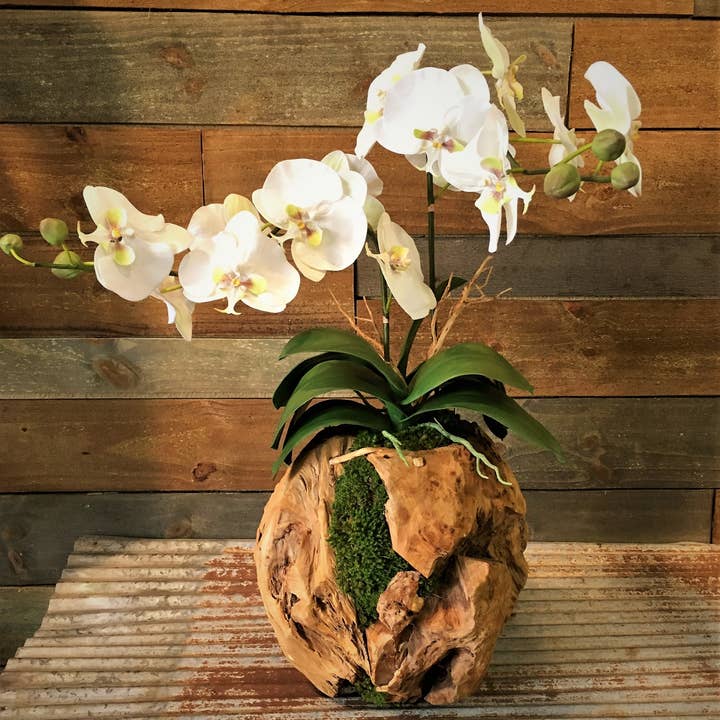 Forever Green Art - Wholesale Artificial Flowers - Double Orchid in a Hand Cracfted Wooden Sphere