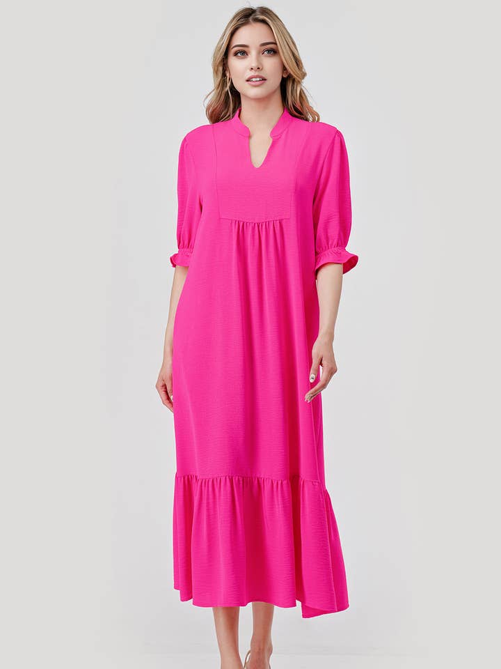 PLUS SIZE Mbt- 7001 Aubrey Midi Ruffle Sleeve Dress Pink for wholesale by Pixi + Ivy