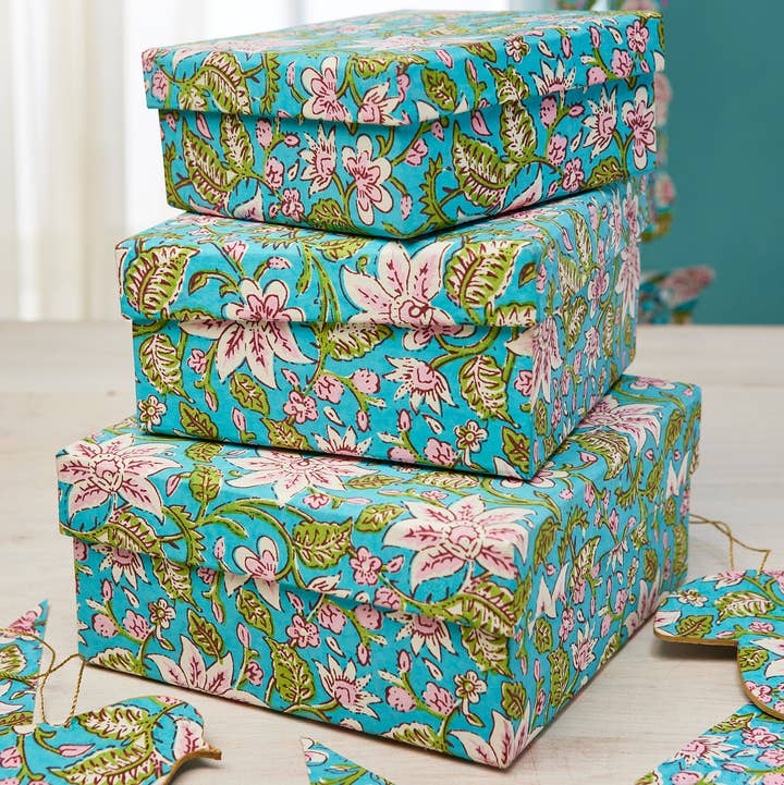 Namaste – wholesale Prydnadslåda – Set med 3 multifunktionella lådor i blocktryck med liljemotiv0