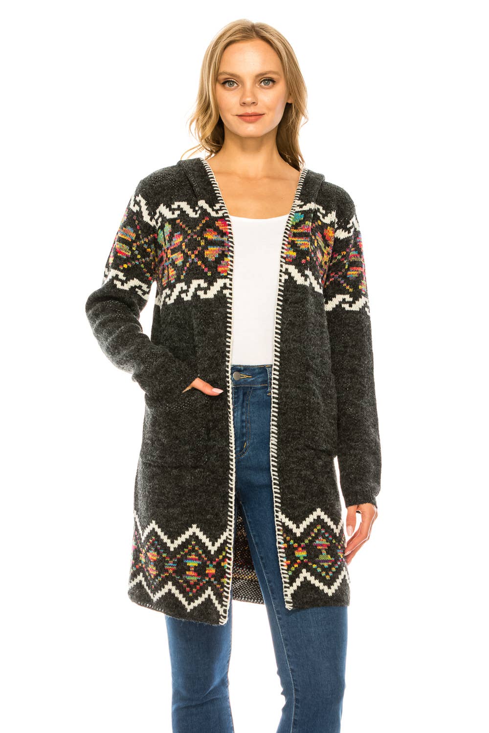 Oceanus Apparel - Wholesale Cardigan - Women's - OUG81327 Hooded floral patterned knit long cardigan sweater0