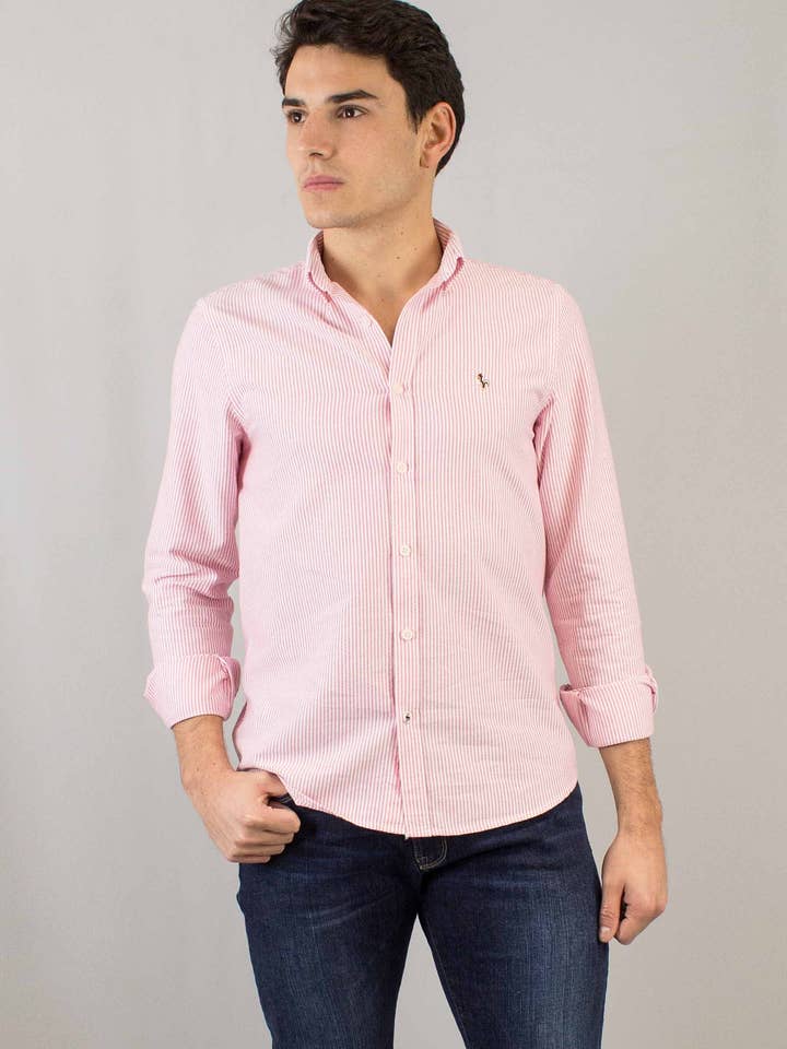 Red striped oxford shirt for wholesale by Patadegayo