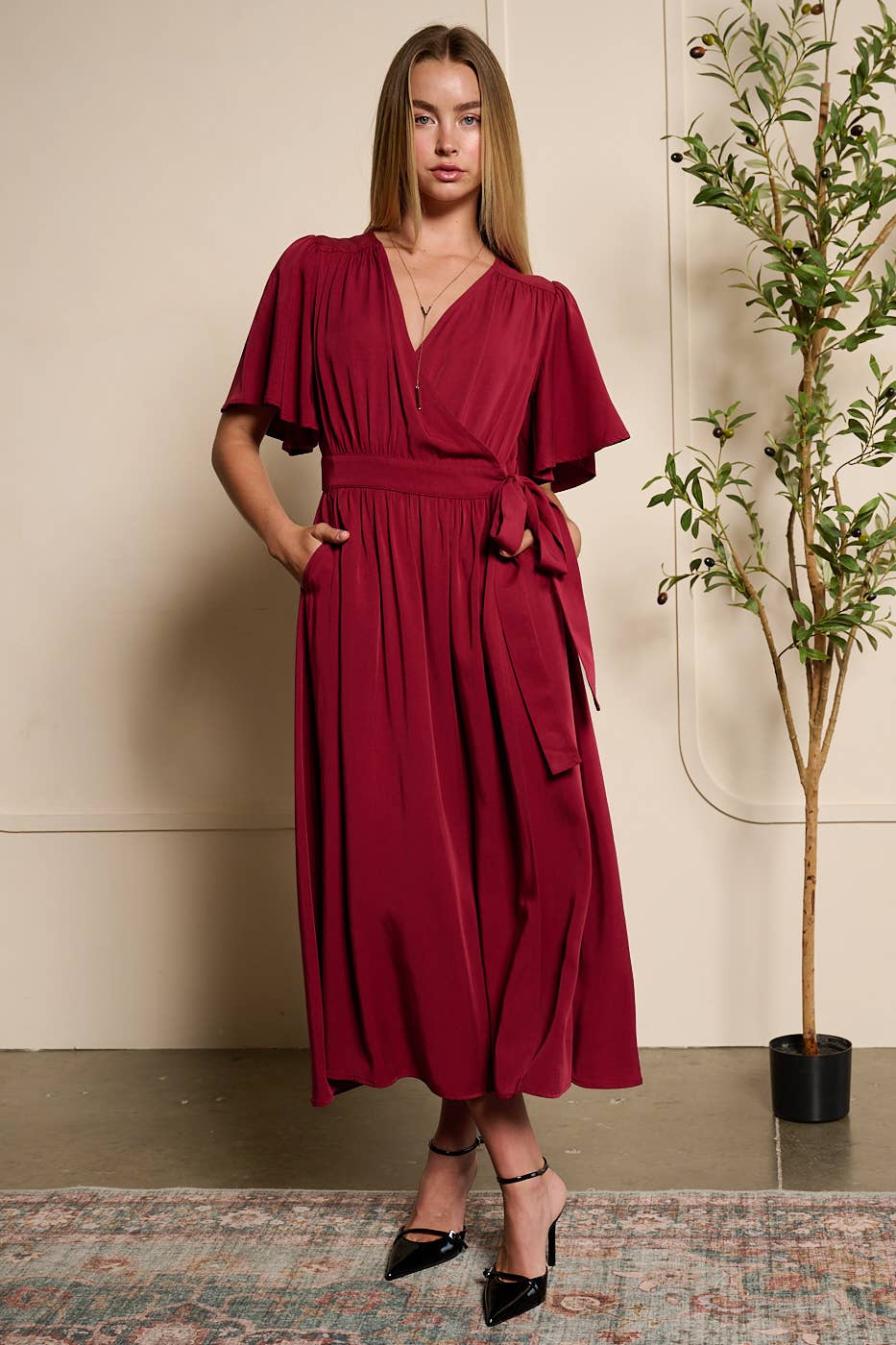 mittoshop - Wholesale Dress - Women's - FLUTTER SLEEVE WAIST TIE WRAP MIDI DRESS6