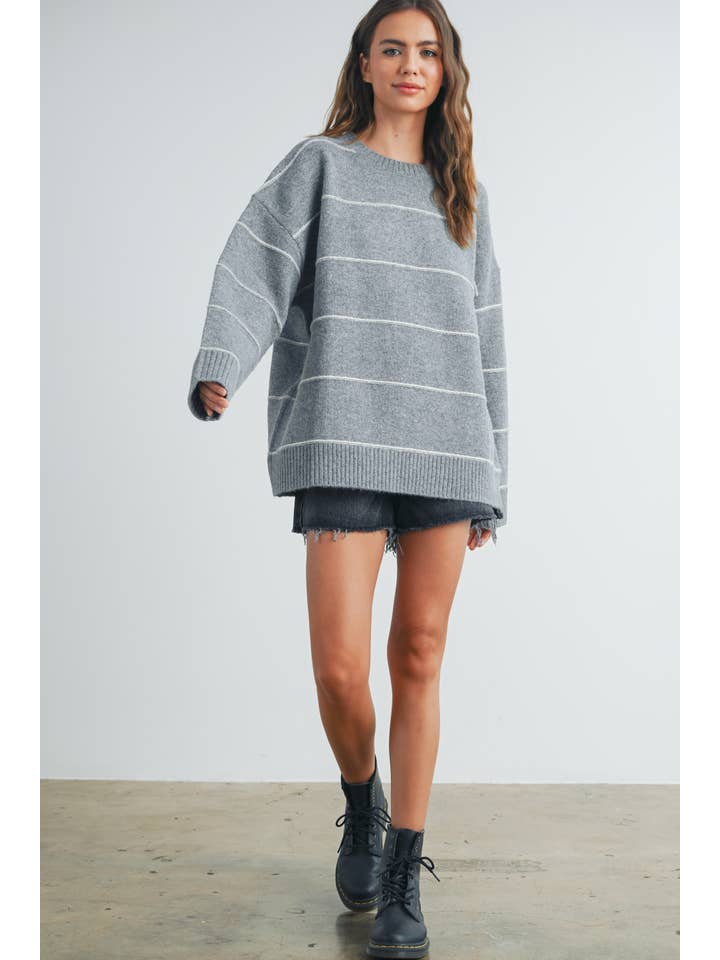 BUTTERMELON - Wholesale Knitted jumper – Women′s - Striped Pattern Drop Shoulder Sweater - BMW742144