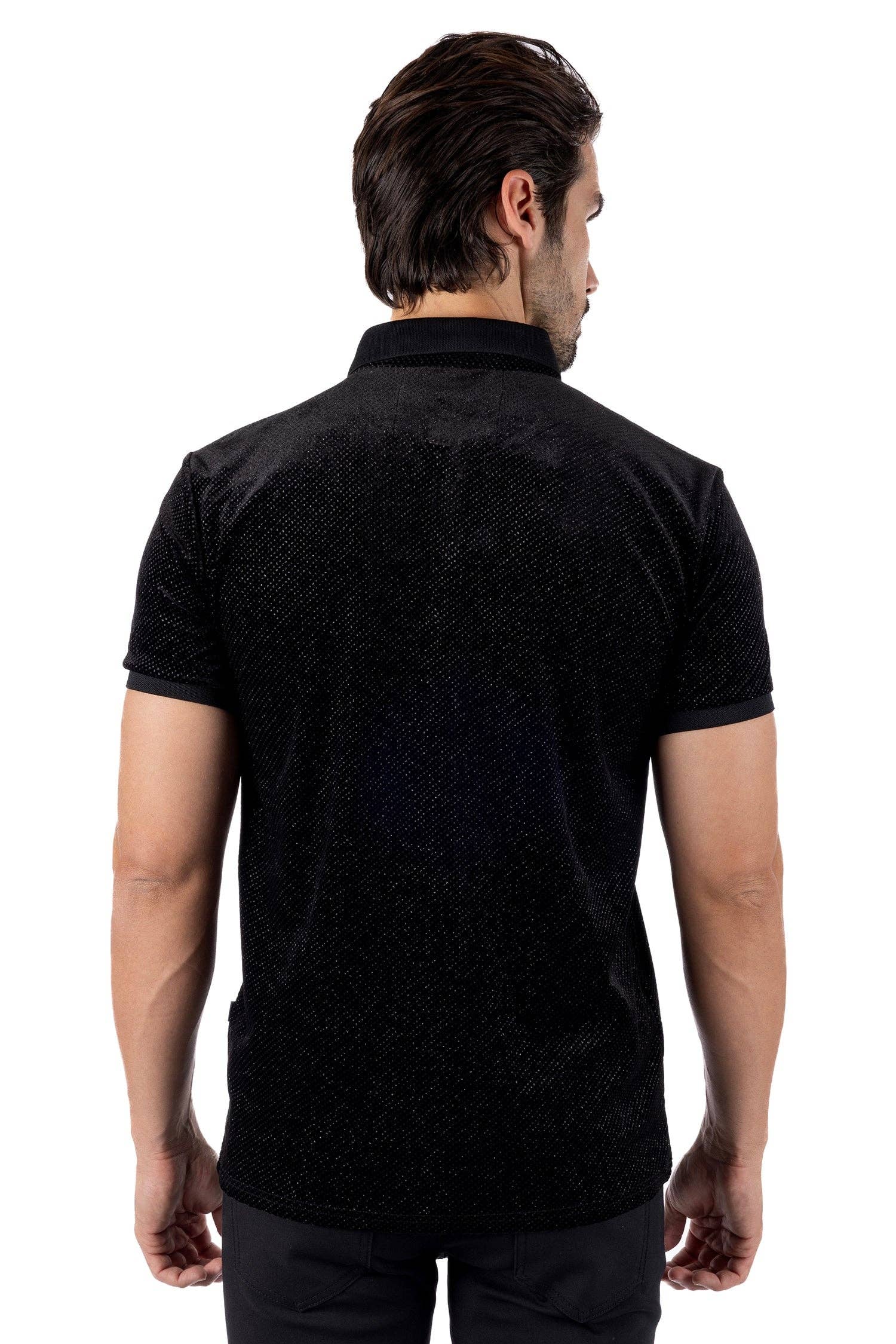 Black Black Men's Textured Shiny Stretch Polo Shirts SP702 for wholesale on Faire1