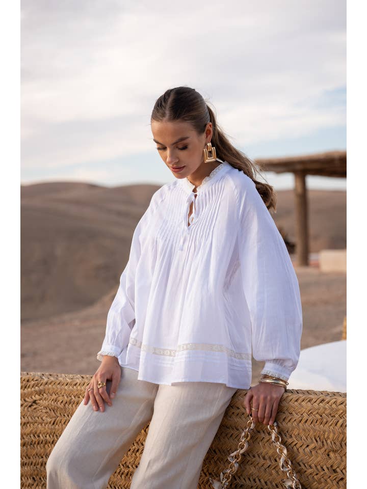 Attentif Paris - Vente Chemisier – femme - Blouse contenant du lin avec col volanté et noeud16