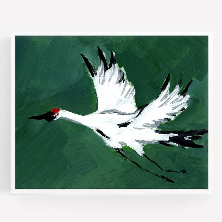 Grue en vol, vert, impression non encadrée sur toile pour la vente par Green Barn Studio