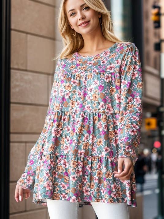 DUSTY TEAL ET7001-12 LONG SLEEVE FLORAL PRINT TIRED TOP for wholesale on Faire