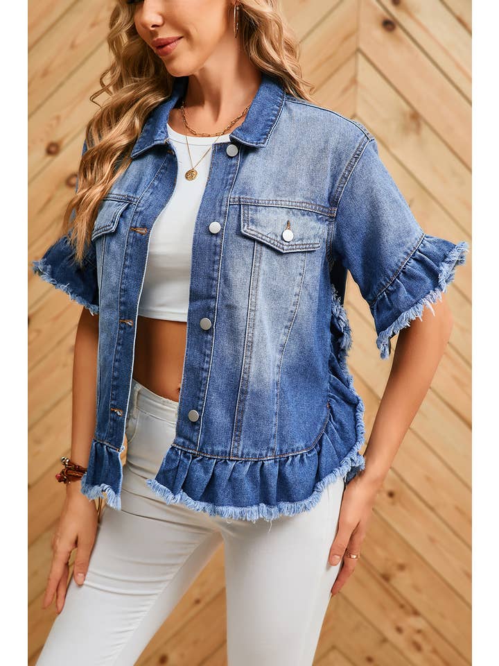 Aapparella - Wholesale Denim Jacket - Women's - Women Raw Edge Ruffled Short Sleeve Denim Jacket | S-XL