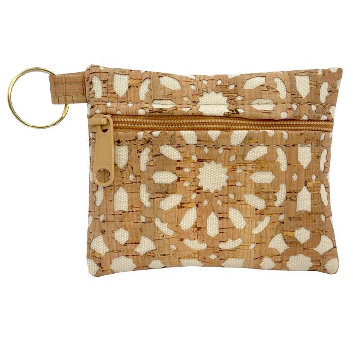 Cork Zipper Pouch with Key Ring | Cream Mandala Die Cut Cork for wholesale by Natalie Therese