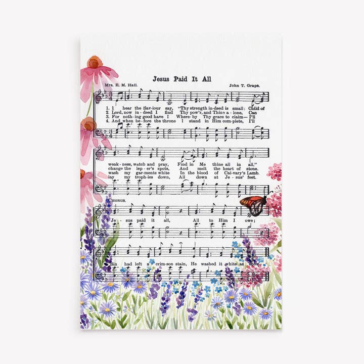 "Jesus Paid it All" Watercolor Wildflower Hymn 4x6" Postcard for wholesale by Marydean Draws