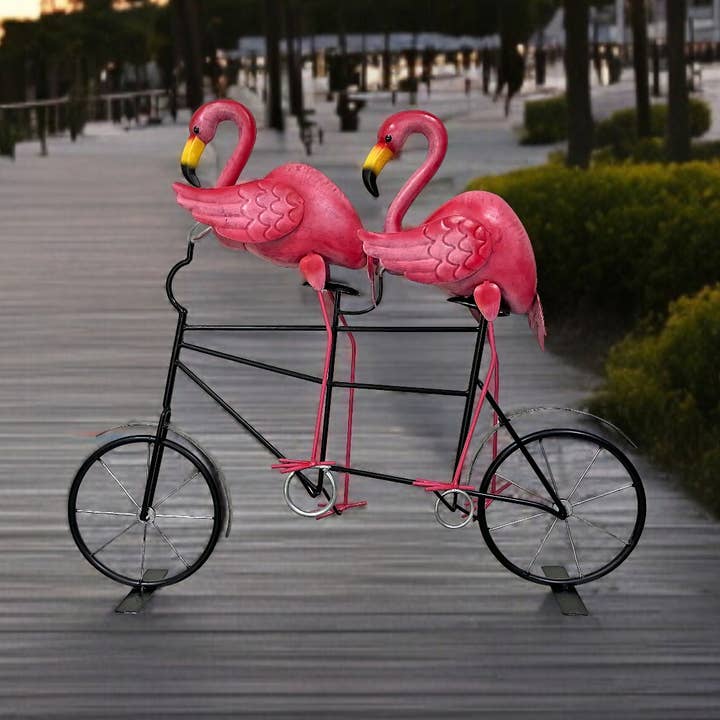 Metal Enamel Flamingos Riding a Bicycle Garden Statue for wholesale by Continental Art Center