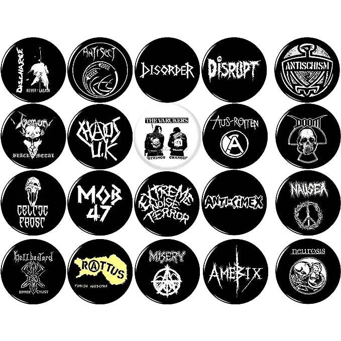 Pinbax Express - Wholesale Lapel Pin/Button - Crust Punk Bands x 20 1" inch (25mm) button pins Discharge