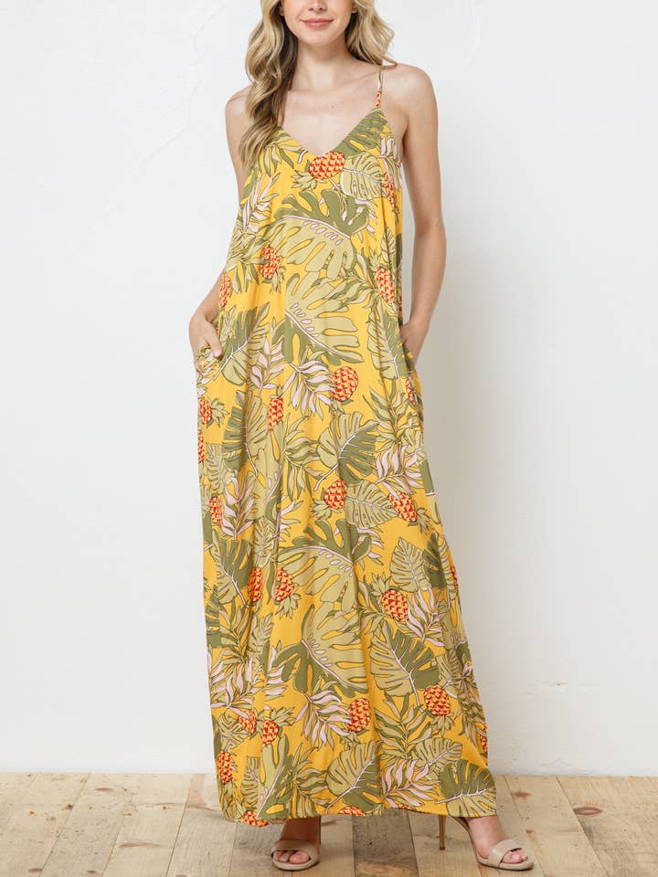 Tropical Palm Leaf Pineapple Fruit Print Maxi Dress for wholesale by Bloidy