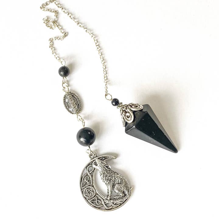 Glorious Healing Crystals - Venta al por mayor Artículo de meditación - Péndulo de shungita con lobo aullando en luna celta, péndulo2