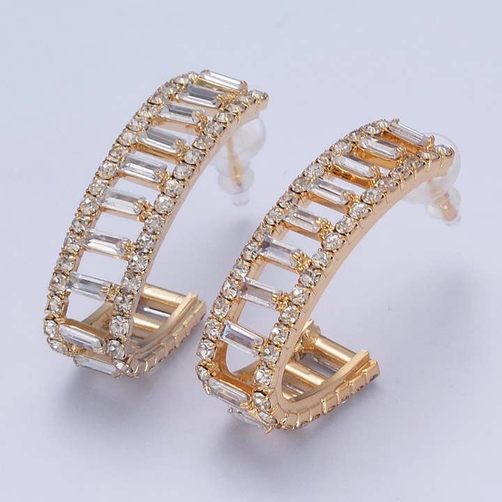 24K Gold Filled Micro Pave Double Band Baguette C Shaped Stud Earrings W722 for wholesale by Aim Eternal