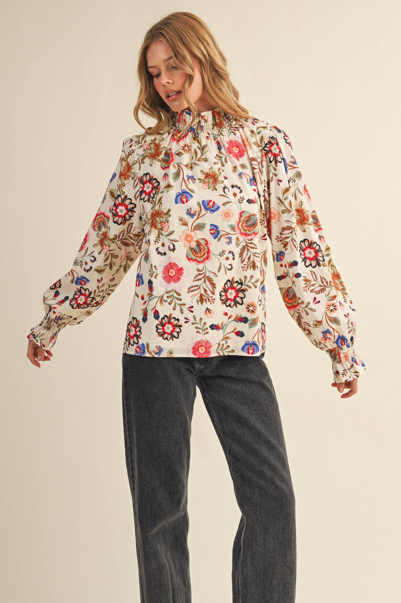 &MERCI - Wholesale Blouse - Women's - EXCLUSIVE FLORAL PRINT RUFFLED MOCK NECK TOP MTP42961