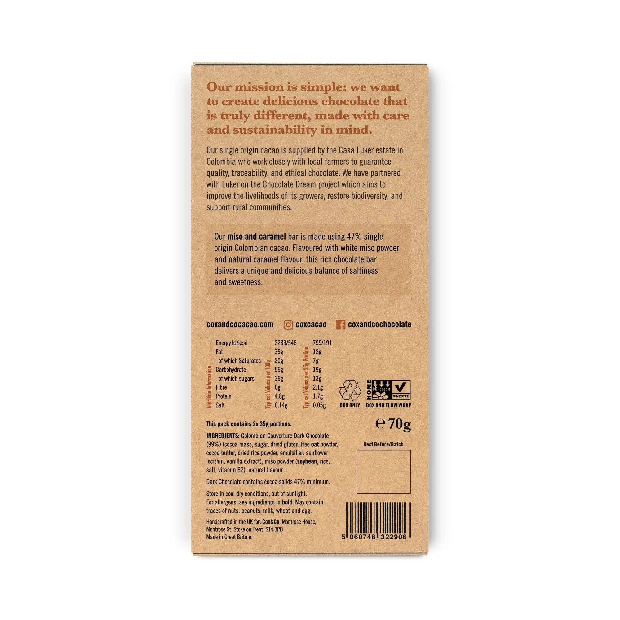 Cox&Co – wholesale Chocolate bar – Miso & Caramel 47% Dark Chocolate - 70g1