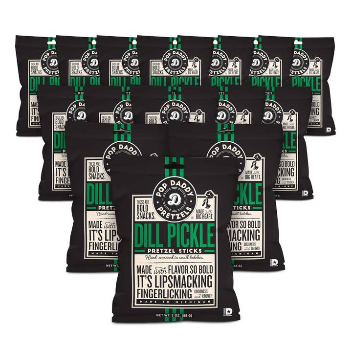 Shop The King - Wholesale Pretzels - Pop Daddy Flavored Pretzels Sticks | Dill Pickle Flavor | 3oz Healthy Gourmet Pretzels Snacks | 15 Pack