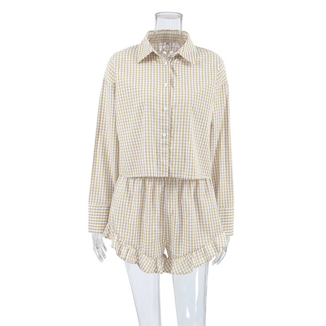 Khaki Ruffled Long Sleeve Plaid Shorts Loungewear Set ONK66 for wholesale on Faire2