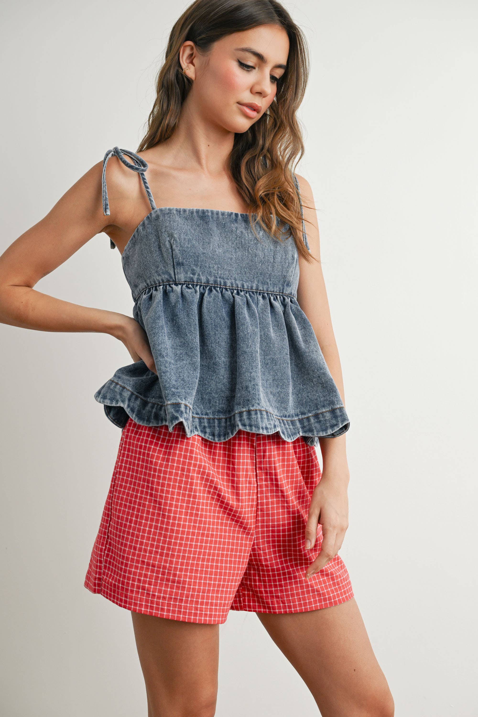 BUTTERMELON - Wholesale Blouse - Women's - Denim Tie-Strap Peplum Top - BMT7722 15