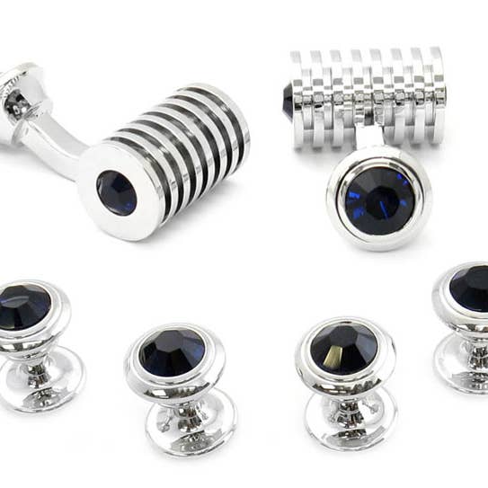 Cuff-Daddy - Wholesale Cufflinks - Men's Silver Blue Swarovski Barrel Cufflinks and Studs