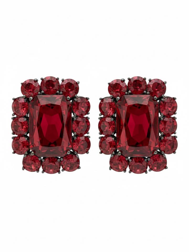 Ninon Square Kırmızı Kristal Gümüş Küpe for wholesale by Ninon