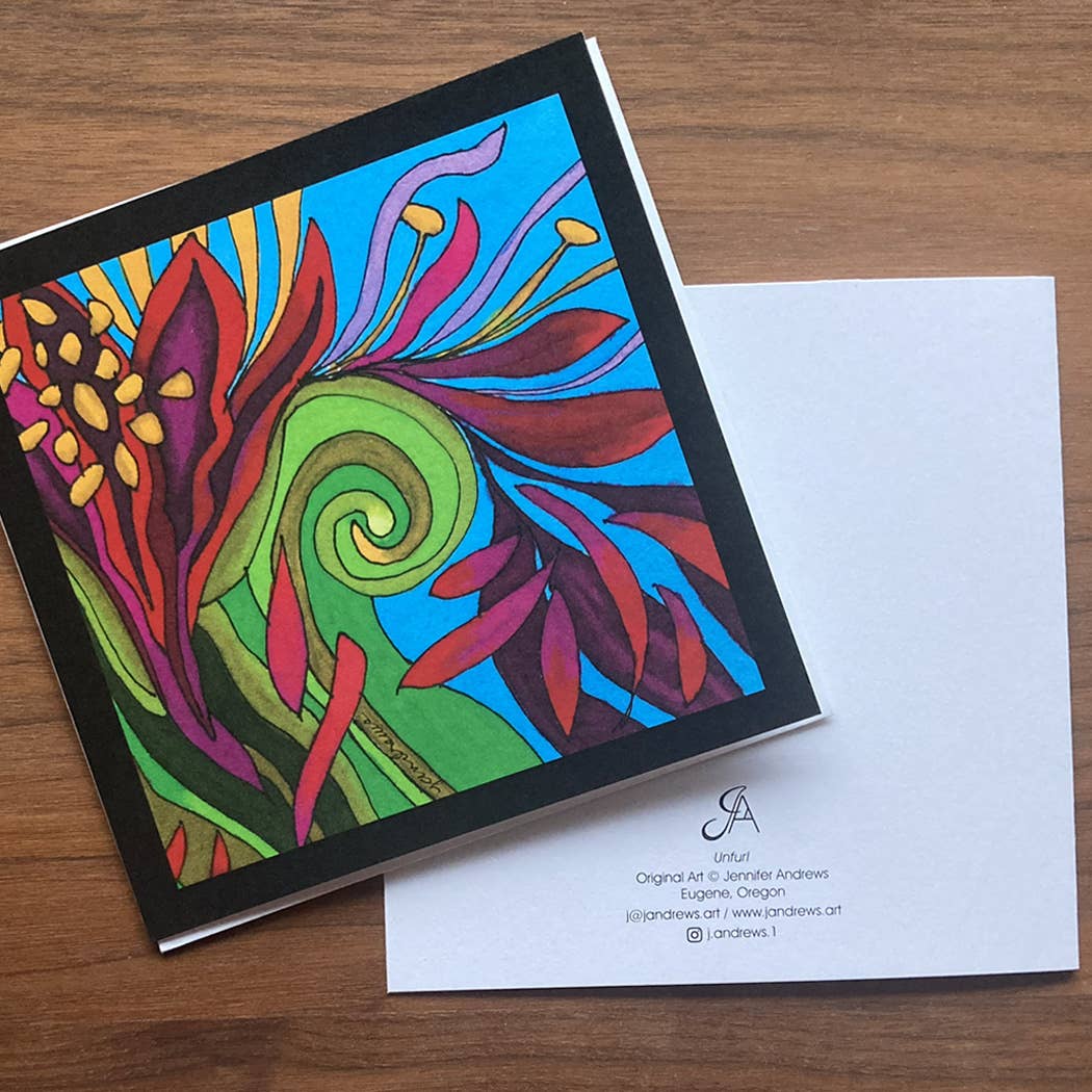 J. Andrews Art & Design - Wholesale Everyday Greeting Card - Unfurl - Abstract Floral Art Card, Square, Blank Inside1