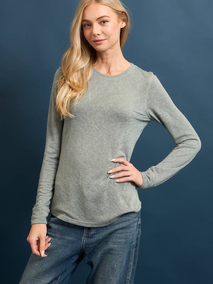 SLUB KNIT CREW NECK LONG SLEEVE TOP FWMT3829 for wholesale by Wasabi + Mint