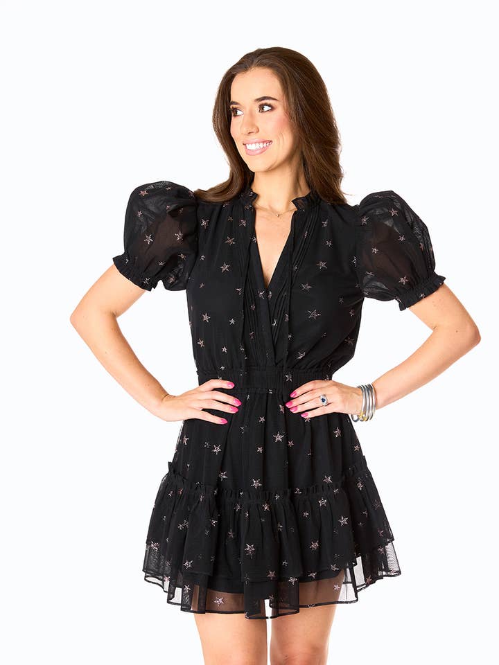 Clementine Comet Black Tiered Mini Dress W/ Rose Gold Stars for wholesale by BuddyLove