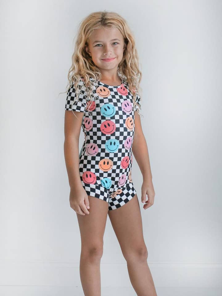 Oopsie Daisy - Wholesale Leotard - Kids - Kids Retro Smiley Face Checkered Dance Gymnastics Leotard
