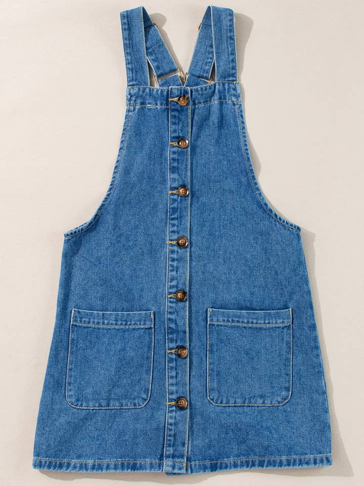 Lovesoft - Wholesale Dress - Women's - Wide Strap Button Front Pocketed Denim Mini Dress